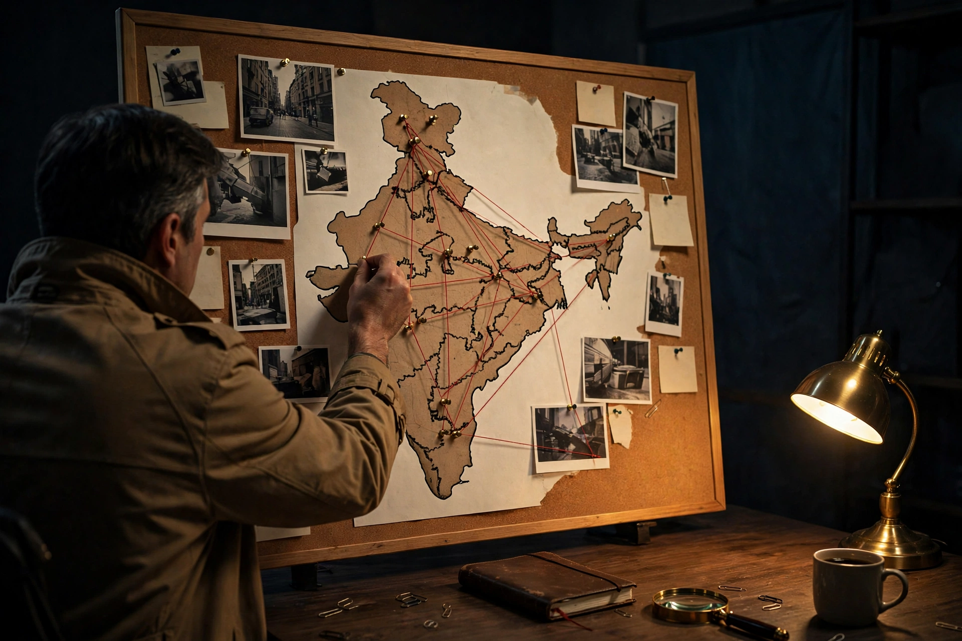 Evidence board with map of India and red connecting strings
