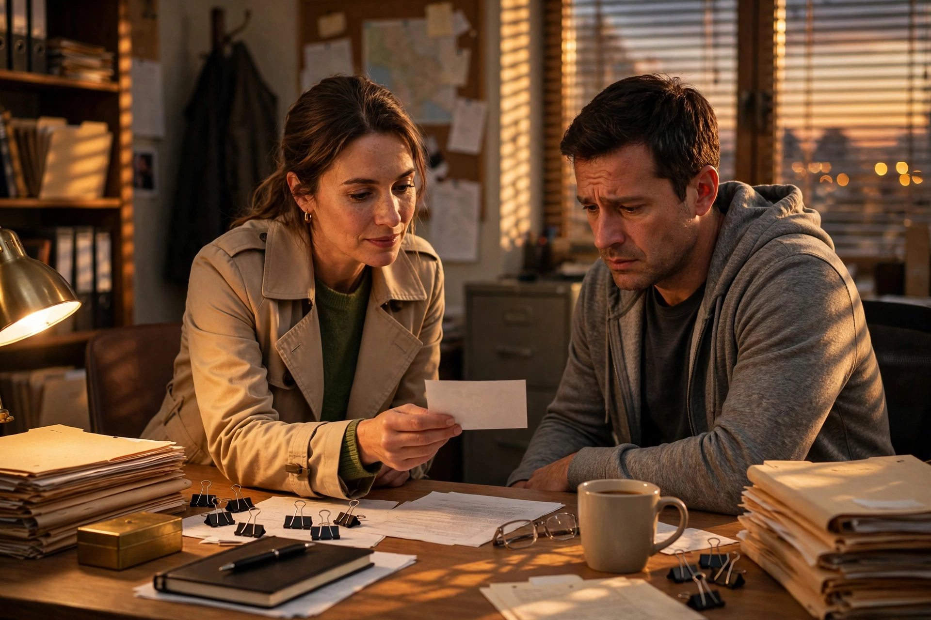 Detective speaking with a client in a warmly lit office
