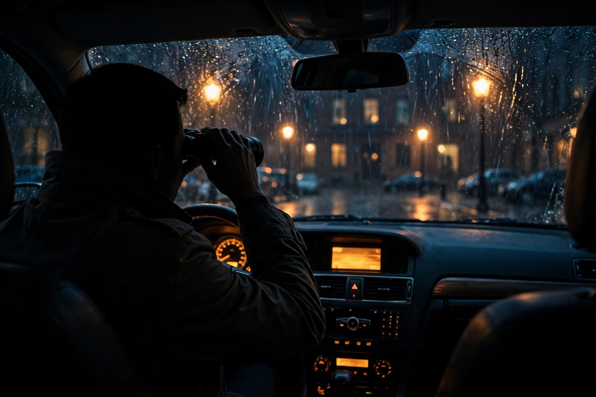 Night stakeout from inside a parked car